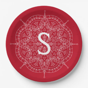 Assiettes En Carton Dentelle blanche Monogramme en rouge