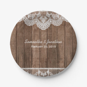 Assiettes En Carton Dentelle blanche rustique et Mariage en bois