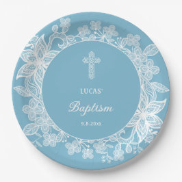 Assiettes En Carton Dentelle blanche sur Pastel Baptême bleu