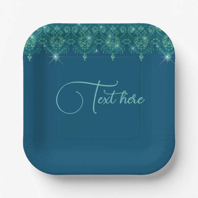 Assiettes En Carton dentelle bleue turquoise élégante étincelle (Recto)
