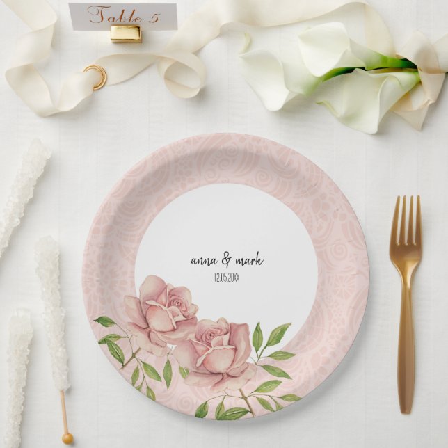 Assiettes En Carton Dentelle d'aquarelle violette douce Rose (Mariage)