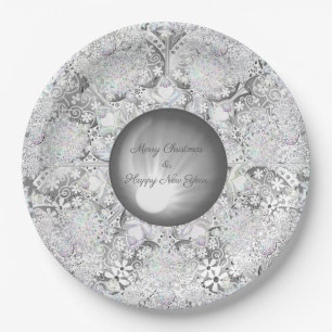 Assiettes En Carton Dentelle en céramique grise et flocon de neige