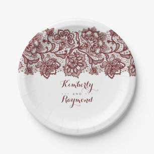 Assiettes En Carton Dentelle rouge Bourgogne Élégant mariage