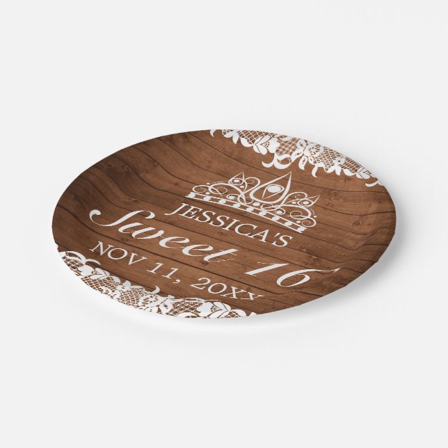 Assiettes En Carton Dentelle rustique et blanche Tiara Sweet 16 (Angle)