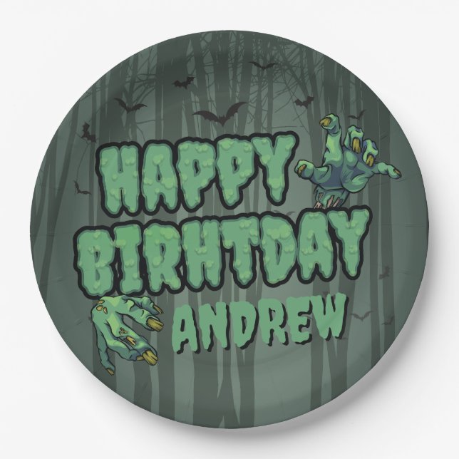 Assiettes En Carton Déplaisant Dark Green Zombie joyeuse fête d'annive (Devant)