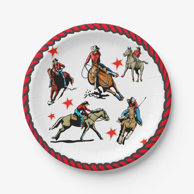 Assiettes En Carton Des Chauffeuses De Rodéo Occidentales À Cheval (Devant)