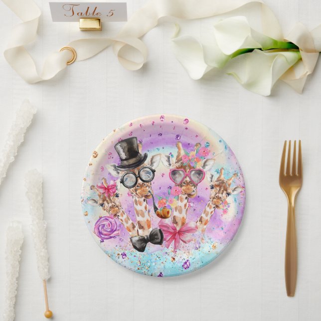 Assiettes En Carton Des girafes d'Imaginaire amusantes dans les nuages (Mariage)