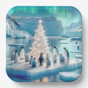 Assiettes En Carton Des pingouins rassemblés autour d'un arbre de Noël