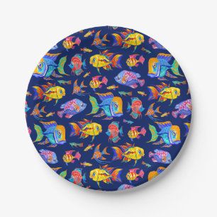 Assiettes En Carton Des poissons tropicaux amusants sur bleu foncé
