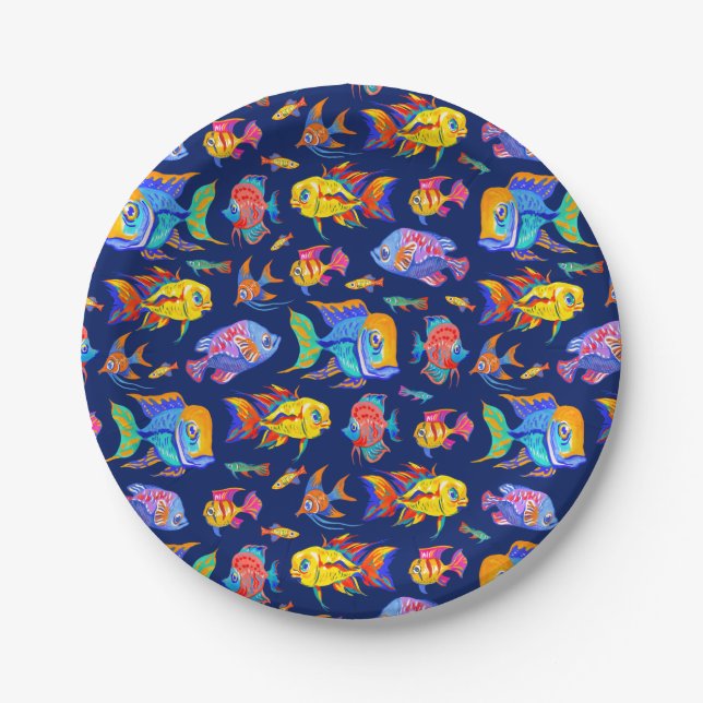 Assiettes En Carton Des poissons tropicaux amusants sur bleu foncé (Devant)