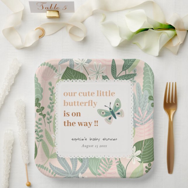 Assiettes En Carton Desert Blush Retro Butterfly Garden Baby shower (Mariage)