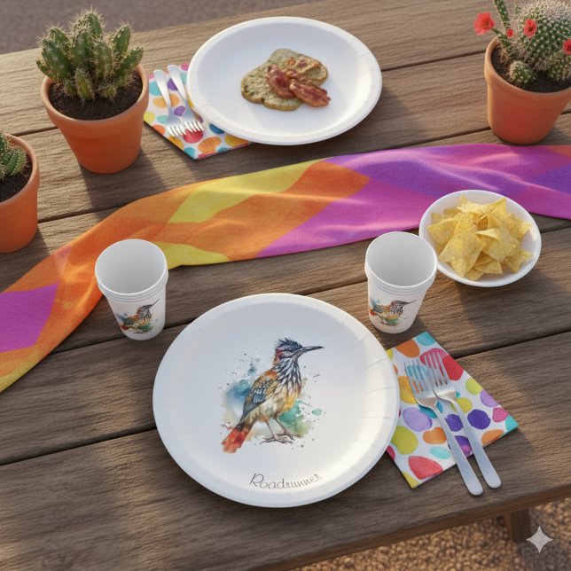 Assiettes En Carton Desert Spirit, Roadrunner en Aquarelle, coutume (Créateur téléchargé)