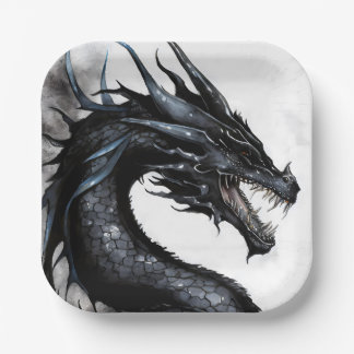 Assiettes En Carton Design d'aquarelle de dragon noir