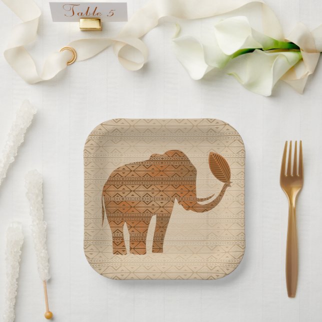 Assiettes En Carton Design d'art tribal des éléphants (Mariage)