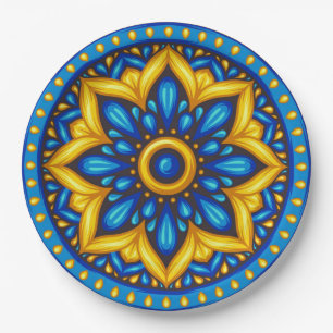 Assiettes En Carton Design mexicain bleu et jaune