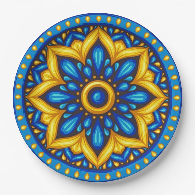 Assiettes En Carton Design mexicain bleu et jaune (Devant)