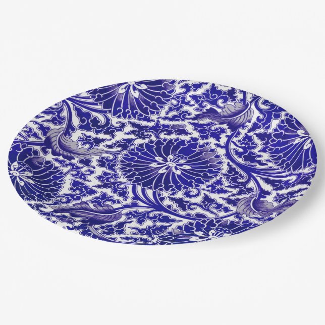 Assiettes En Carton Design ornemental bleu vif (Angle)