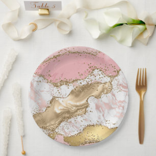 Assiettes En Carton Design Rose de luxe en marbre rose or