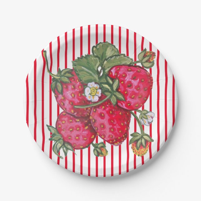 Assiettes En Carton Dessert d'été fraise rouge blanc rayé frais (Devant)