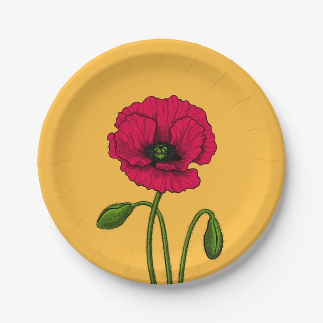 Assiettes En Carton Dessin de coquelicot rouge (Devant)