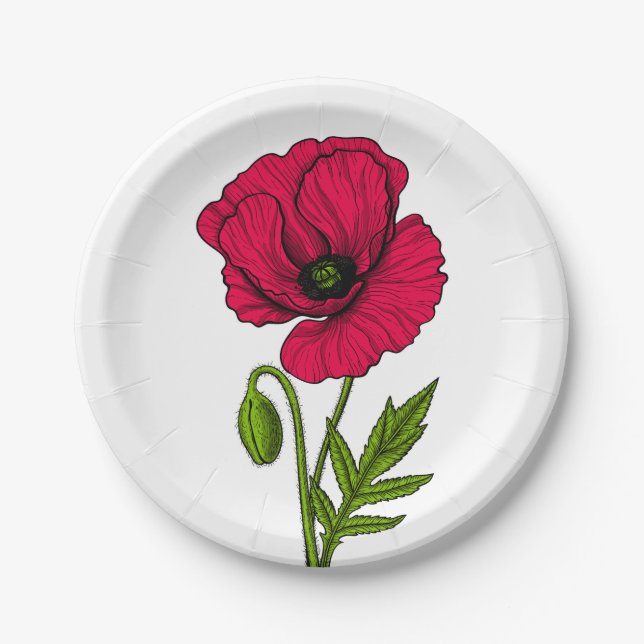 Assiettes En Carton Dessin de pavot rouge (Devant)