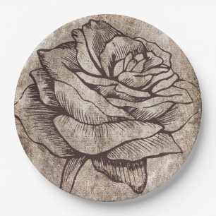 Assiettes En Carton Dessin d'encre Rose rustique
