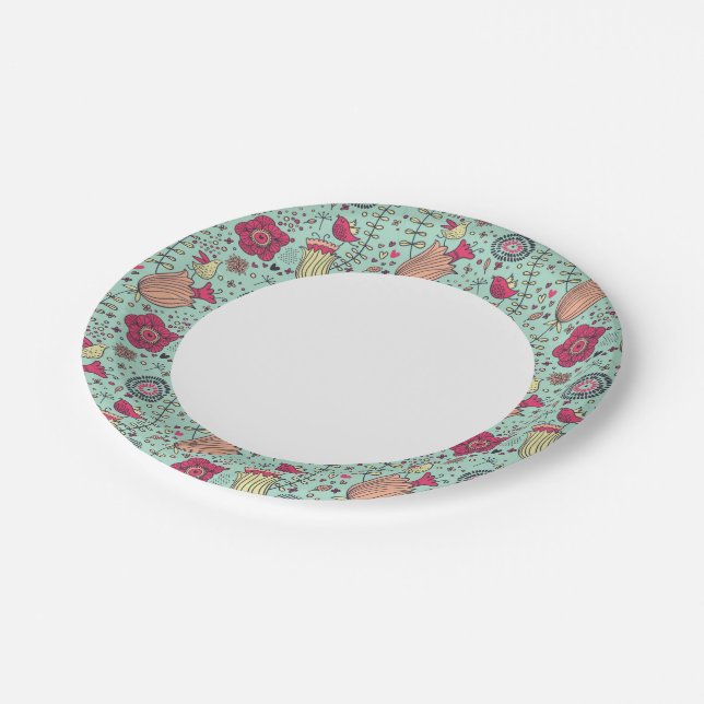 Assiettes En Carton Dessin floral en caricature avec oiseaux (Angle)
