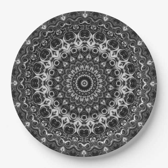 Assiettes En Carton Dessin géométrique mandala noir et blanc (Devant)