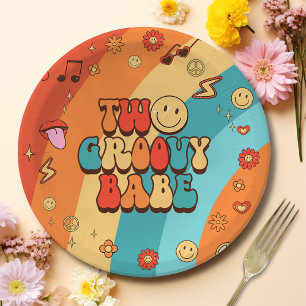 Assiettes En Carton Deux Babe Retro Super Rainbow 2e fête d'anniversai
