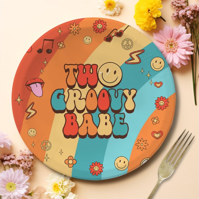 Assiettes En Carton Deux Babe Retro Super Rainbow 2e fête d'anniversai (Créateur téléchargé)