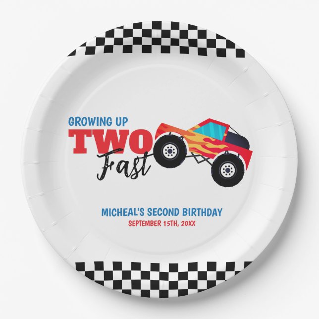 Assiettes En Carton Deux Camion Monster Rapide 2e anniversaire (Devant)