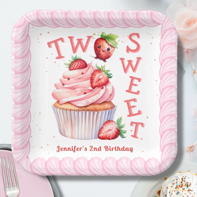 Assiettes En Carton DEUX douceurs ! Fraise rose 2e anniversaire (Créateur téléchargé)