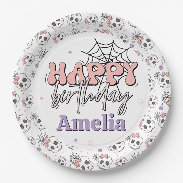 Assiettes En Carton Deux Éffrayant Mignonne Halloween rose Joyeux anni (Devant)