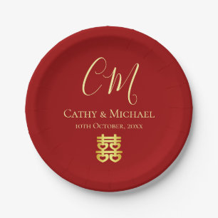 Assiettes En Carton Deux initiales mariage chinois moderne rouge