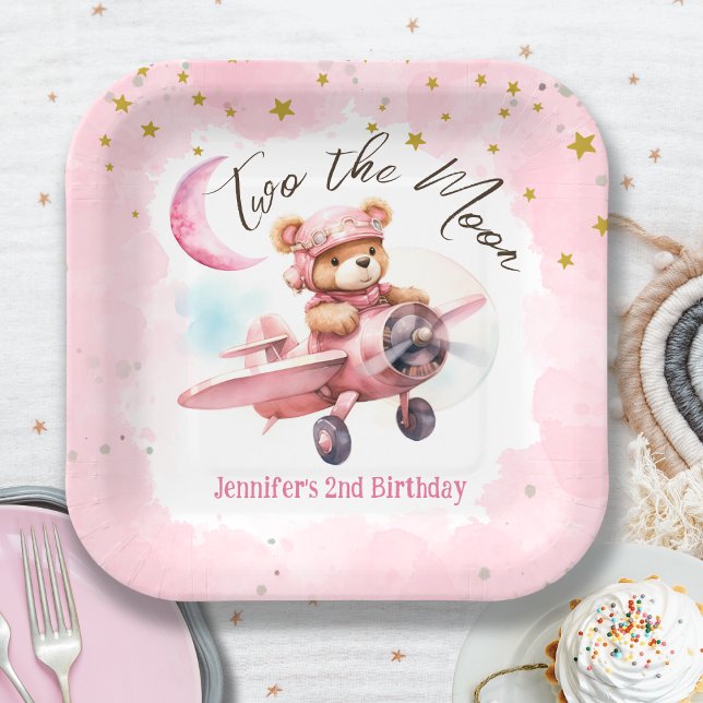 Assiettes En Carton DEUX la lune | Girl Pink 2e Anniversaire Papier (Créateur téléchargé)