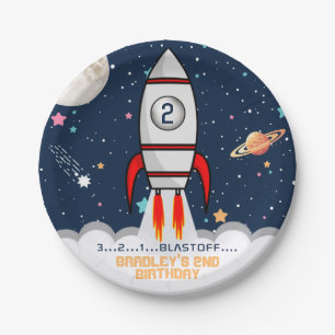 Assiettes En Carton Deux lune Rocket Ship 2e anniversaire