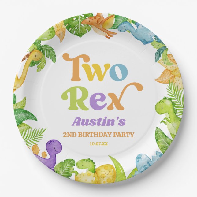 Assiettes En Carton Deux Rex Dinosaur 2ème fête d'anniversaire (Devant)