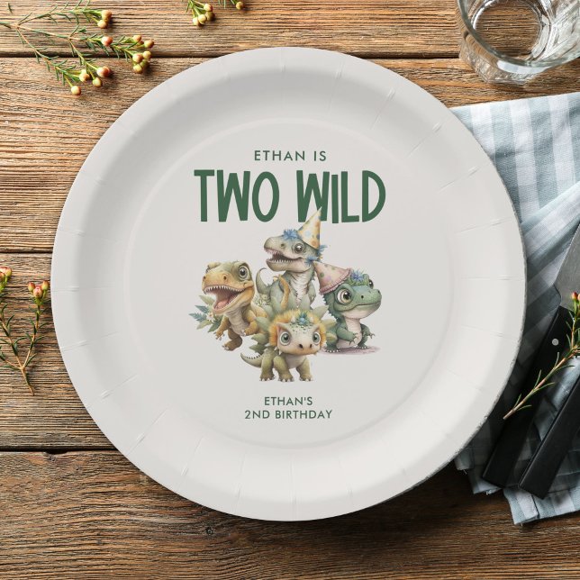 Assiettes En Carton Deux Wild Cute Dinosaur 2e fête d'anniversaire (Créateur téléchargé)