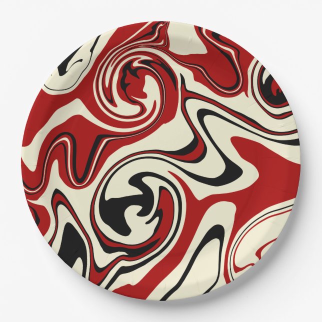Assiettes En Carton Déversement - Rouge et crème (Devant)