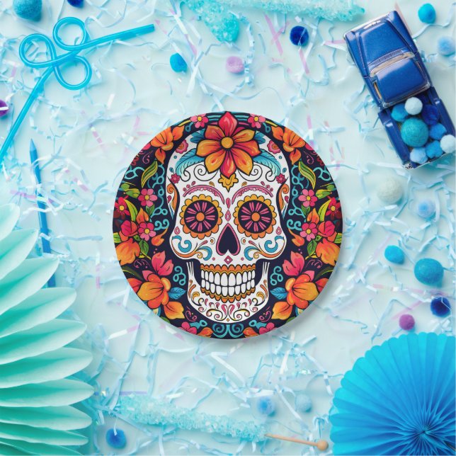 Assiettes En Carton Dia de Muertos ☠️ crâne à sucre (Fête)