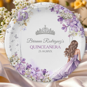 Assiettes En Carton Diadème floral papillon argent lavande Quinceañera