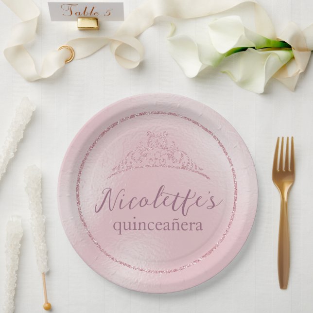 Assiettes En Carton Diadème Glamour Rose Pailleté Quinceañera (Mariage)