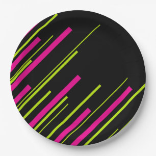 Assiettes En Carton Diagonales en vert citron, rose et noir