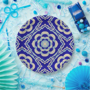 Assiettes En Carton Diamant Kaleidoscope bleu blanc