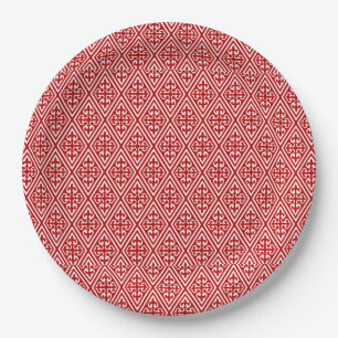 Assiettes En Carton Diamants damassés médiévaux, rouge et blanc