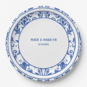 Assiettes En Carton Dîner Floral Mariage damassé bleu et blanc