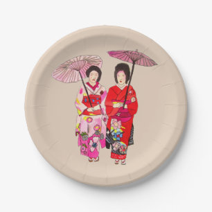 Assiettes En Carton Dîner orienté japonais avec l'art de geisha