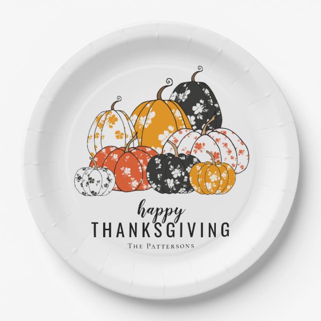 Assiettes En Carton Dîner Thanksgiving Citrouilles floraux modernes (Devant)