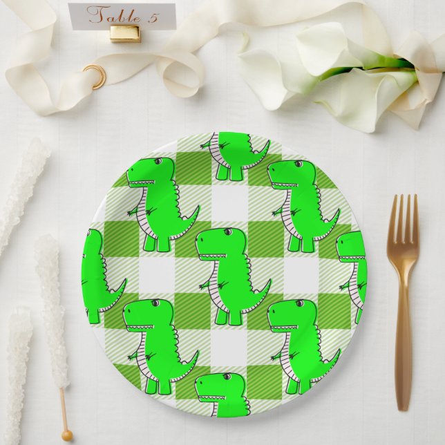 Assiettes En Carton Dino Tartan vert et blanc Plaid Motif (Mariage)