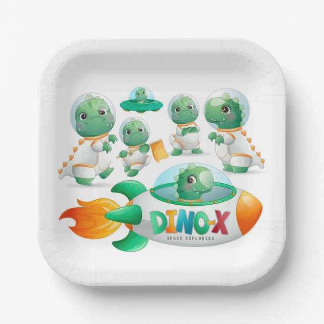 Assiettes En Carton Dinosaur Astronaut Rocketship Boy Anniversaire (Recto)